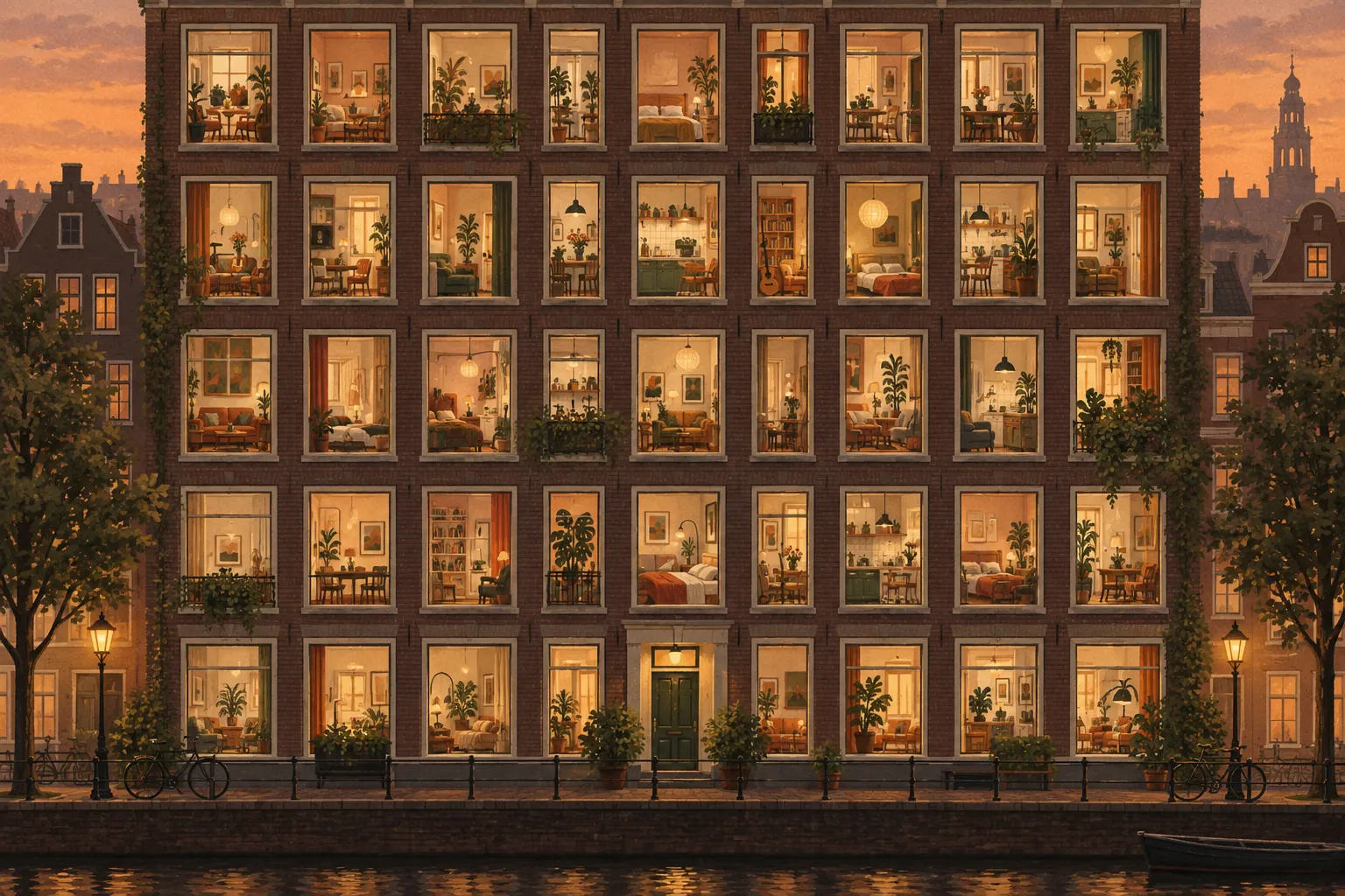 Illustration of a tall apartment building at dusk, each window showing a different lit room