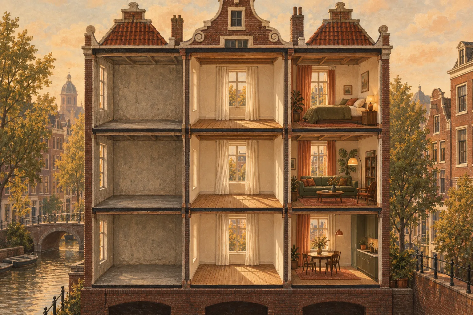 Illustration of a cutaway Dutch apartment building showing an empty unit, a unit with floors and curtains, and a furnished unit