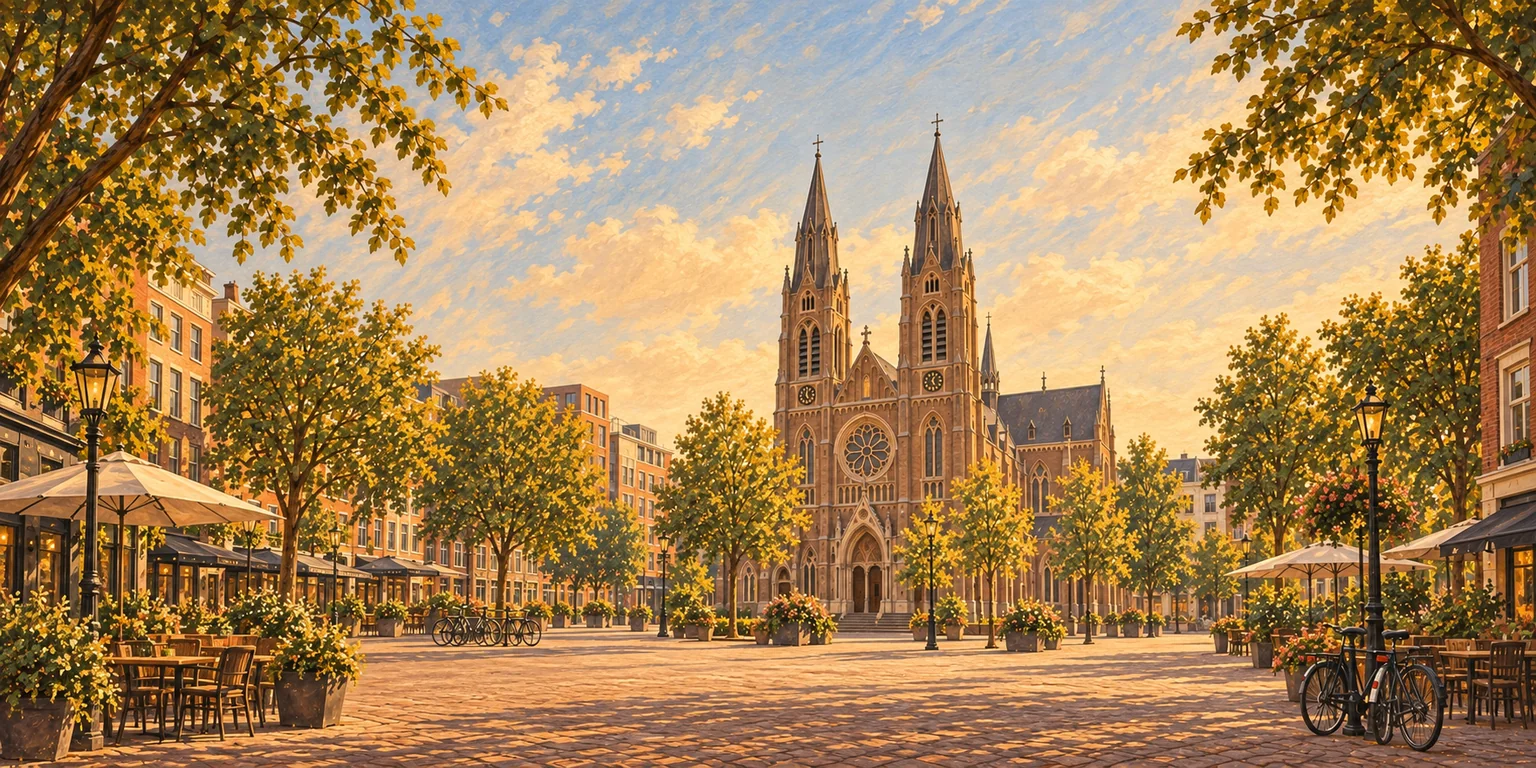 Warm painted view of Eindhoven’s Catharinakerk and its twin spires across Catharinaplein
