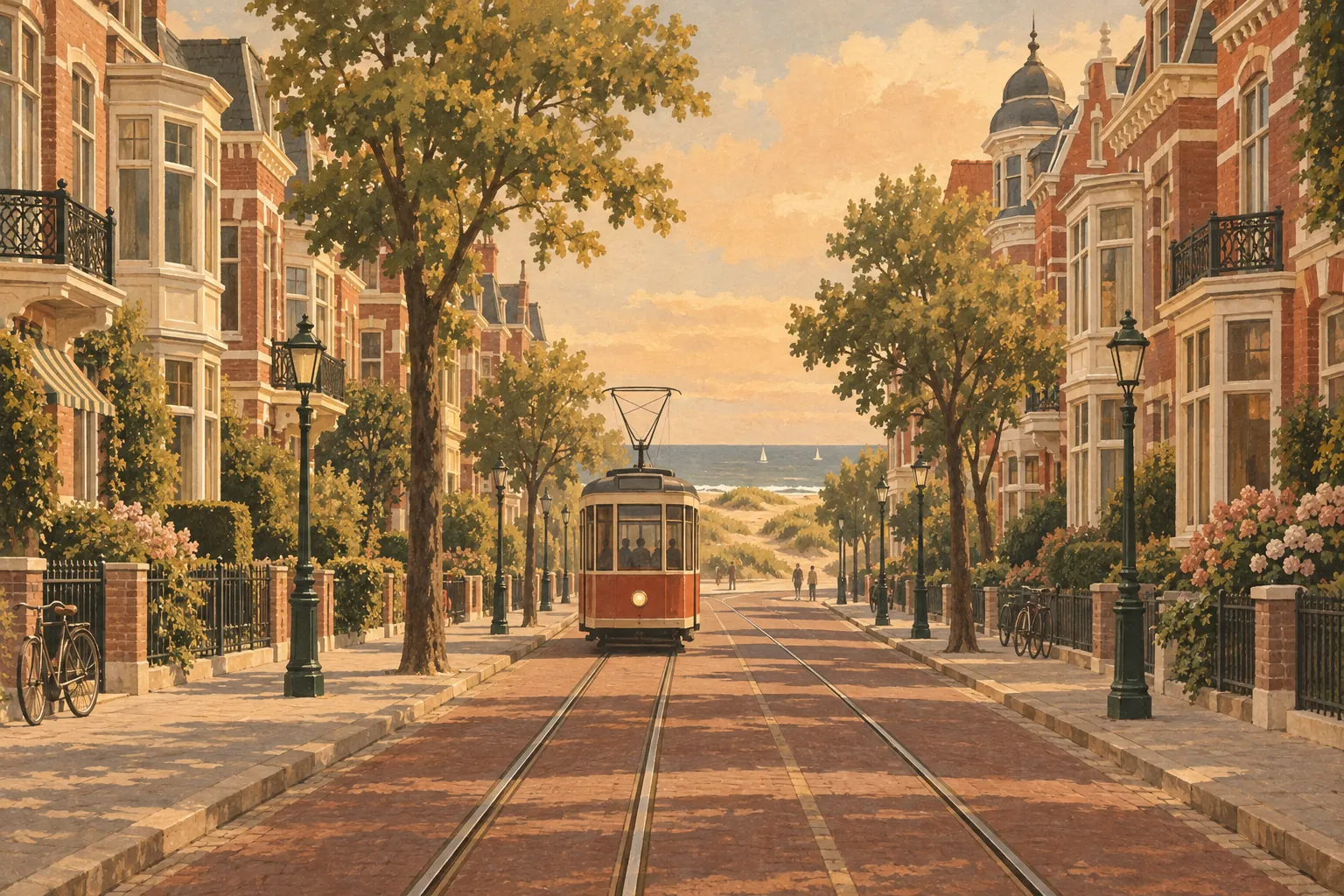 Illustration of a residential street in The Hague with bay-windowed townhouses, a tram and dunes at the far end