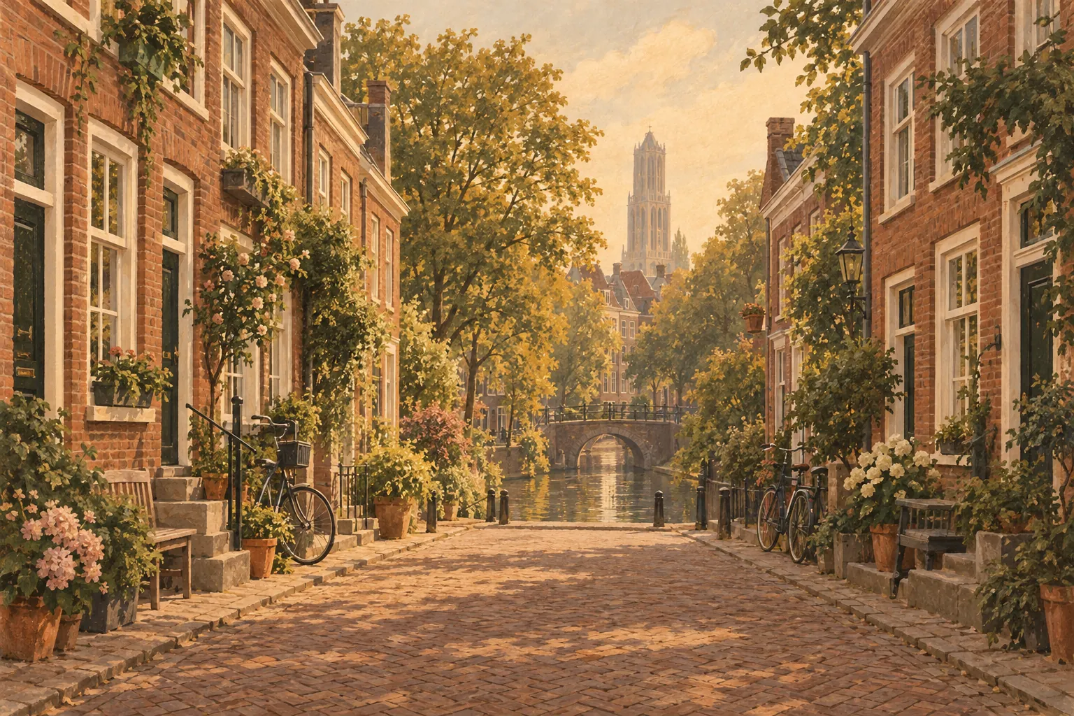 Illustration of a quiet Utrecht street of brick terraced houses and bicycles, with the Dom tower in the distance