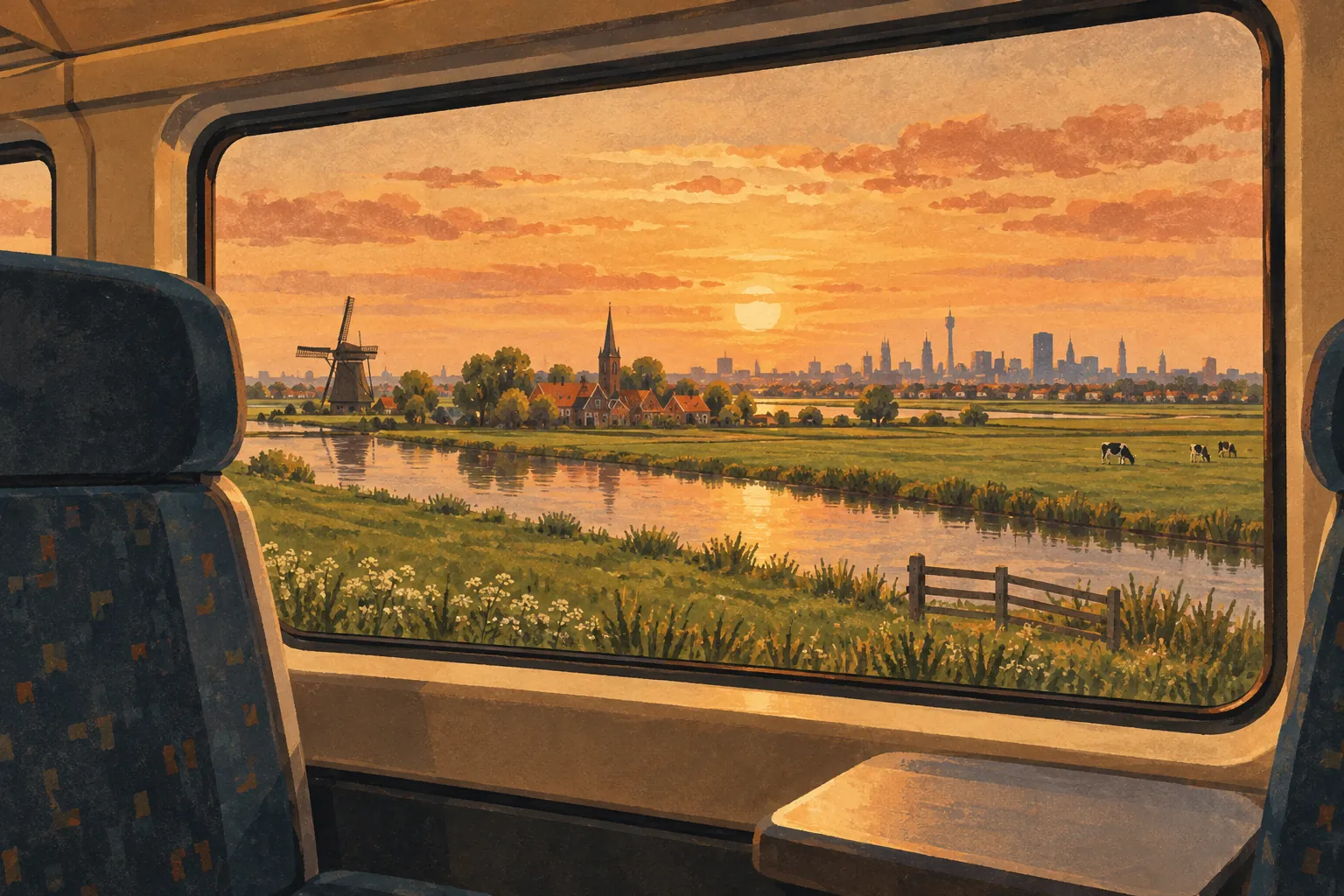 Illustration of the view from a commuter train window across green polder towards the distant Amsterdam skyline