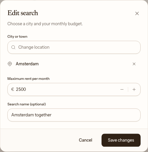 Hesra’s saved-search form, with Amsterdam selected and a maximum monthly rent of €2,500.