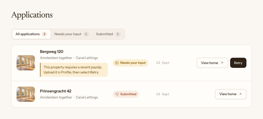 Example Hesra applications: one submitted rental application and one needing a recent payslip, with a Retry action.