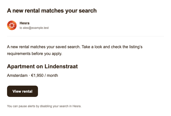 Example Hesra email: a new rental matches your search, with an Amsterdam apartment at €1,950 per month and a link to open Hesra.